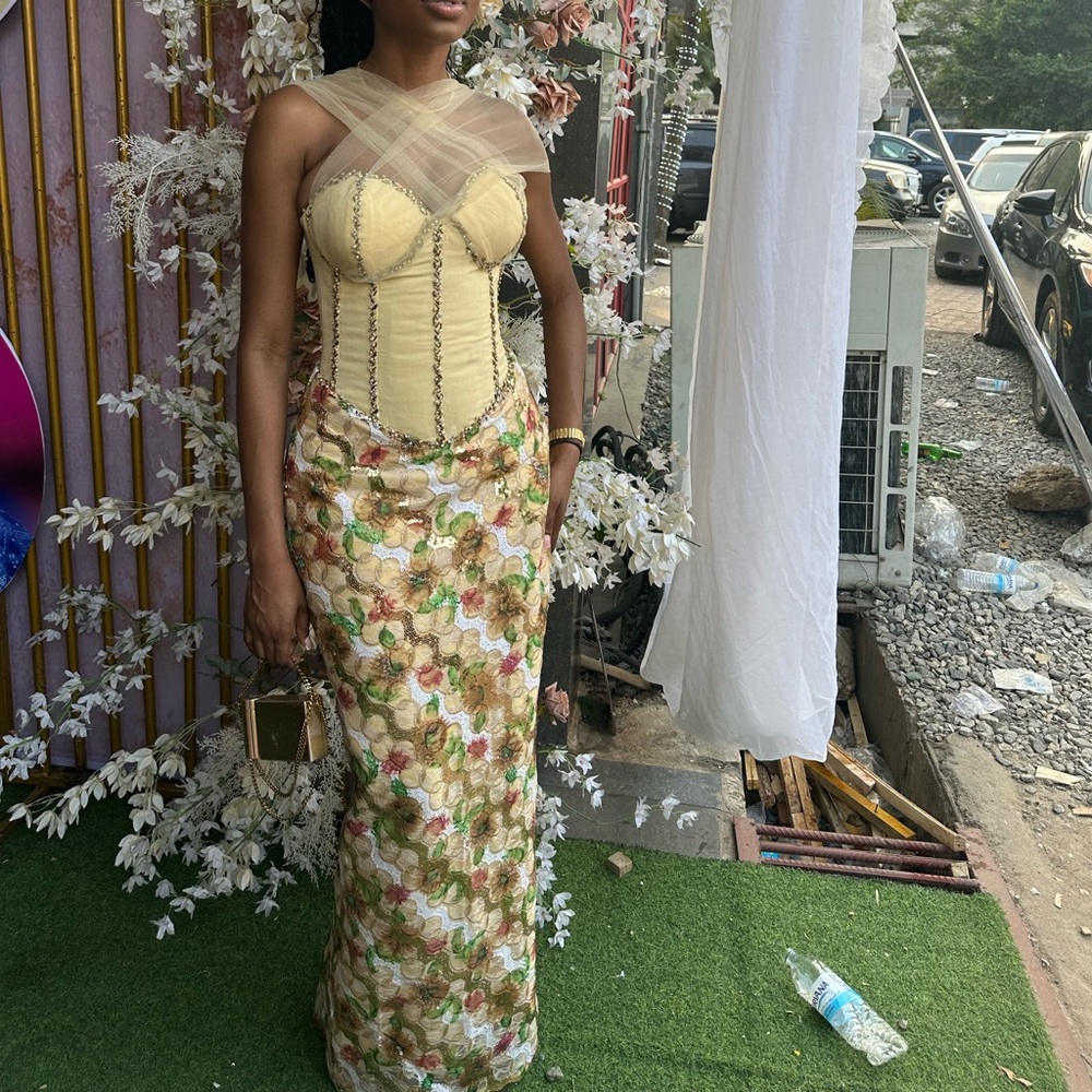 Aso Ebi Elegant Cream and Multicolor Dress